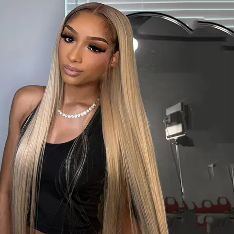 Stright Ombre Brown Roots Ash Blonde Colored Milk Tea 13X6 Transparent Lace Frontal Wig 180% Density Pre-Cut Lace Drawstring Wig Glueless Body Wave Can Be Restyled Pre Plucked For Womenody
