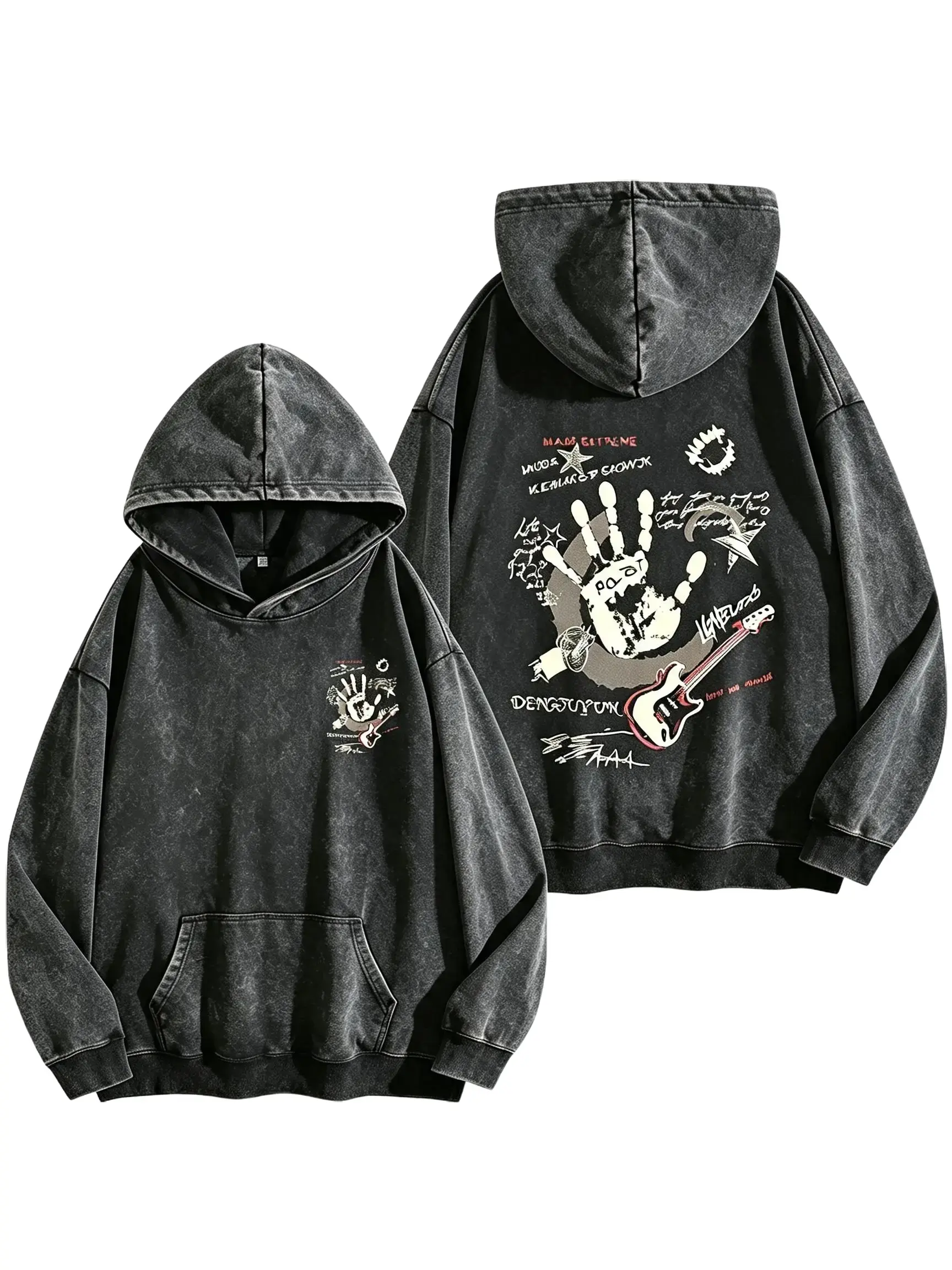 Vintage-Wash Rock Guitarist Graphic Hoodie — Oversized, Distressed Black, Double-Sided Print; Unisex Streetwear Hoodie with a Vintage Grunge Music Theme