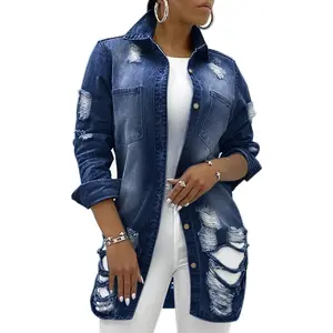 Denim Jacket for Women Long Sleeve Classic Trucker Jeans Long Coat Outwear with Pockets