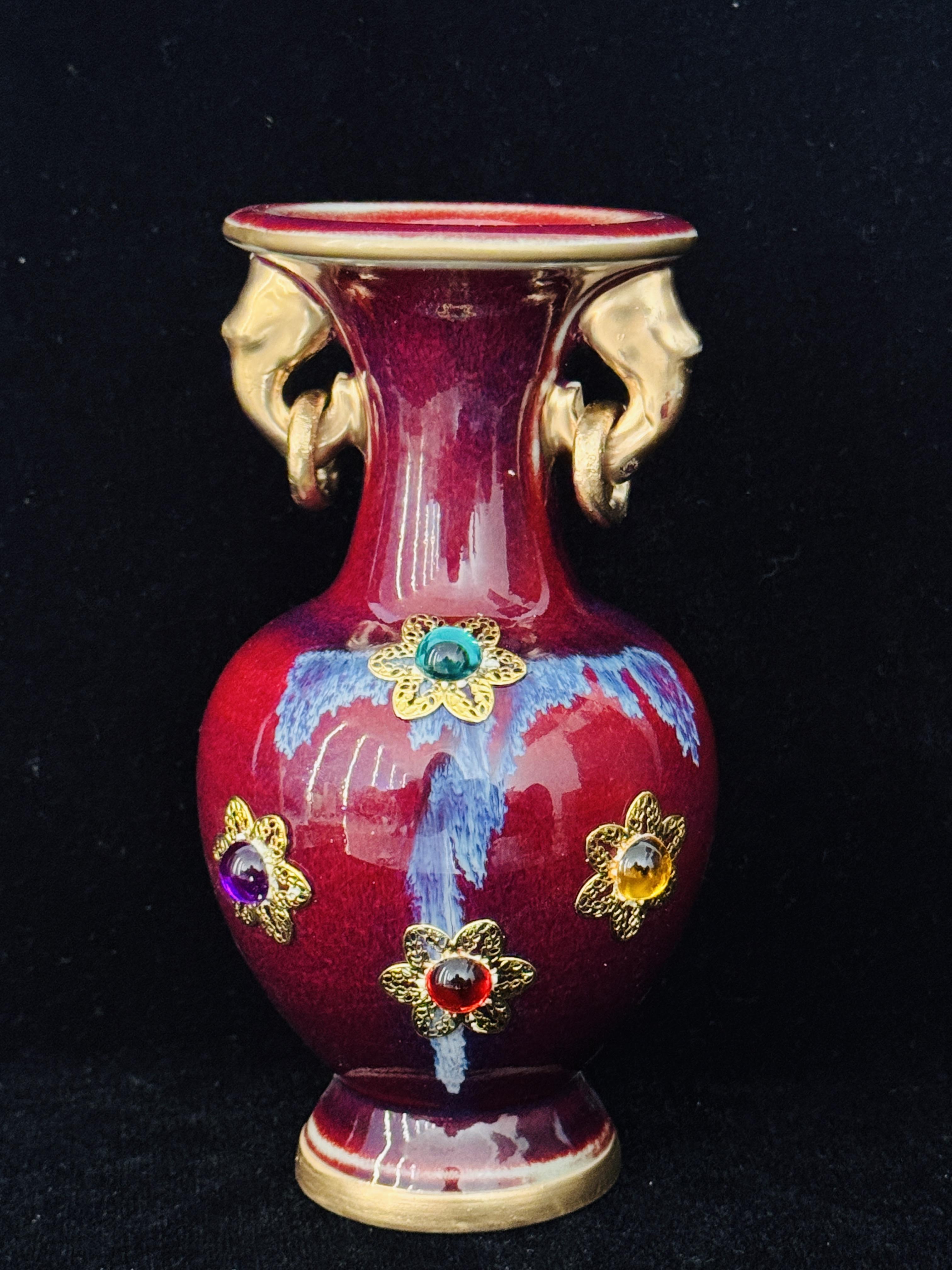 Handmade Chinese Jun Porcelain Vase with Gold Elephant Handles & Gem Inlays, Vintage Red Glaze Luxury Ceramic Vase, Unique Asian Art Home Decor