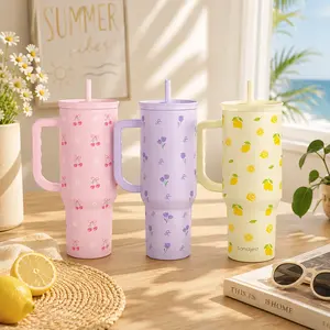 SANDJEST Summer Vibes 40oz Insulated Tumbler with Handle & Straw, Easy-Cleaning, Cup Holder Friendly, Silicone Protective Base, Perfect for Travel