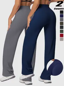 Women's High Waist Stretchy Wide Leg Yoga Pants, Loose-Fit Quick-Dry Pilates Fitness Trousers, Polyester Elastane Blend, All Seasons Casual Wear, High Waist Sports