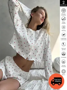 Women's Floral Lace Sleepwear Two-piece Set Soft Satin PJs Cute Short Pants & Shirt for Casual Homewear