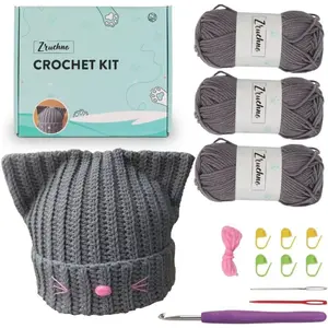 Hat Beanie Crochet Kit, Crochet Kit for Beginners, Step-by-Step Video Tutorials and Detailed Instruction, Complete DIY Learn to Crochet, Crochet Starter Kit with Yarn Hook All Accessories, Cat Ear Hat