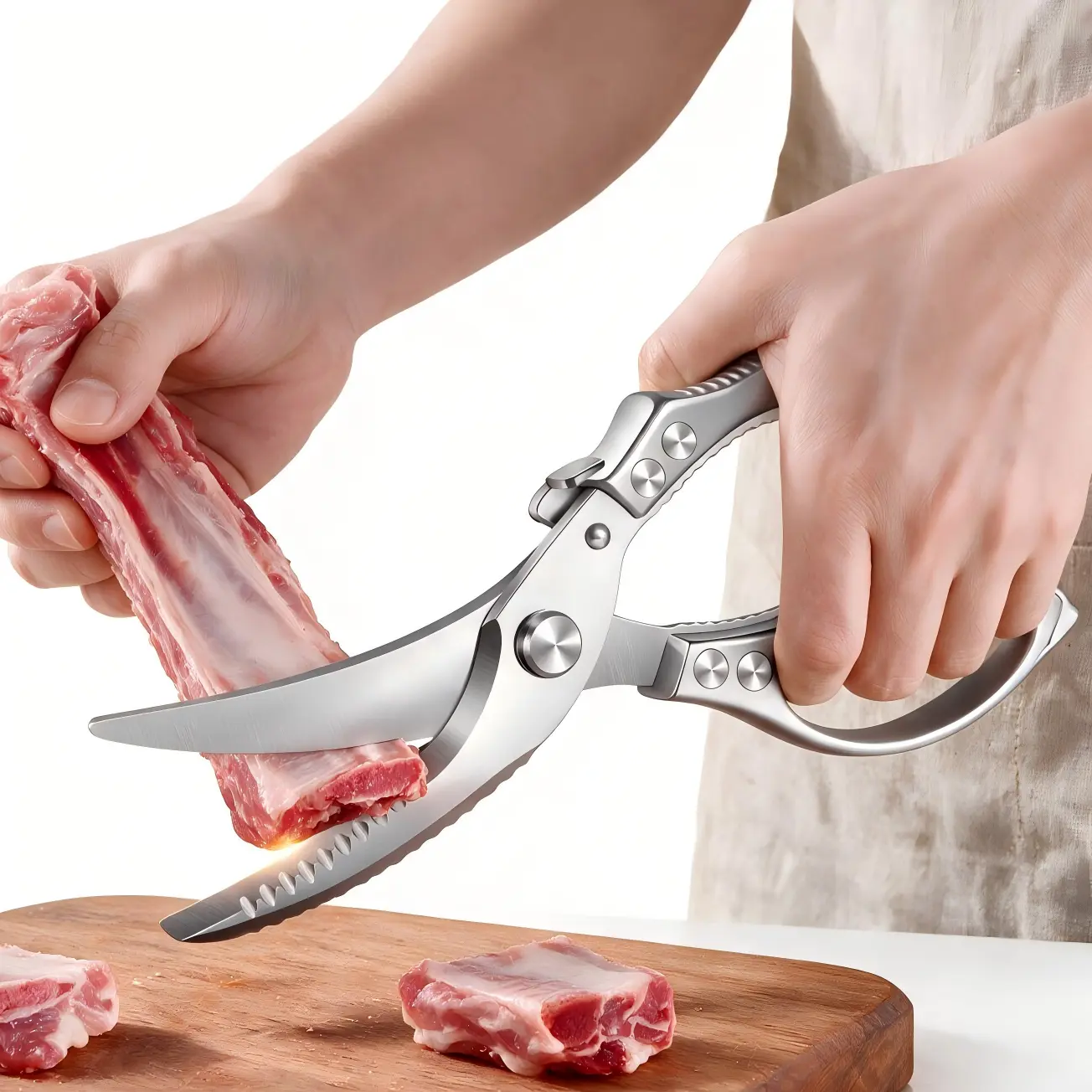 Heavy-Duty Stainless Steel Kitchen Shears with Non-Slip Handle, Brushed Finish, Safety Lock, Spring-Loaded Design - Multi-Purpose Kitchen Scissors for Chicken, Vegetables, Cooking Needs, Shears Kitchen Scissors