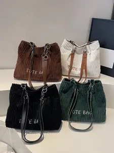 Women's Autumn and Winter New Style Large-Capacity Corduroy Chain Underarm Tote Bag, Fashionable Letter Print, Casual Versatile Outdoor Commute Tote Shoulder Bag