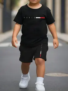 Summer Boys' Fashion Shorts Set, Paris Letter Print Cute Short Sleeve T-Shirt and Casual Shorts Two-Piece Set, Outdoor Wear