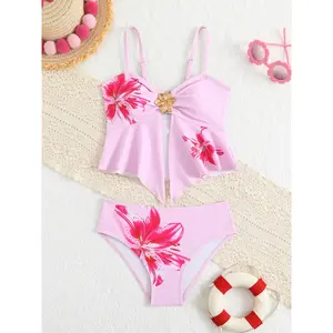 Girls' Medium/Large Adjustable Thin-Strap Tankini Swimsuits Set, 2-Piece Floral Print Swimsuits, Kids' Beach Vacation Swimwear