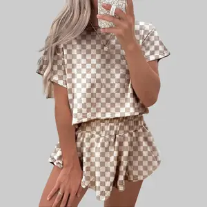 Women's Checkerboard T-Shirt & Ruffle High Waist Skort Set 2026 Summer Casual Breathable Fabric Two-Piece Outfit for Daily Wear Chic Crewneck