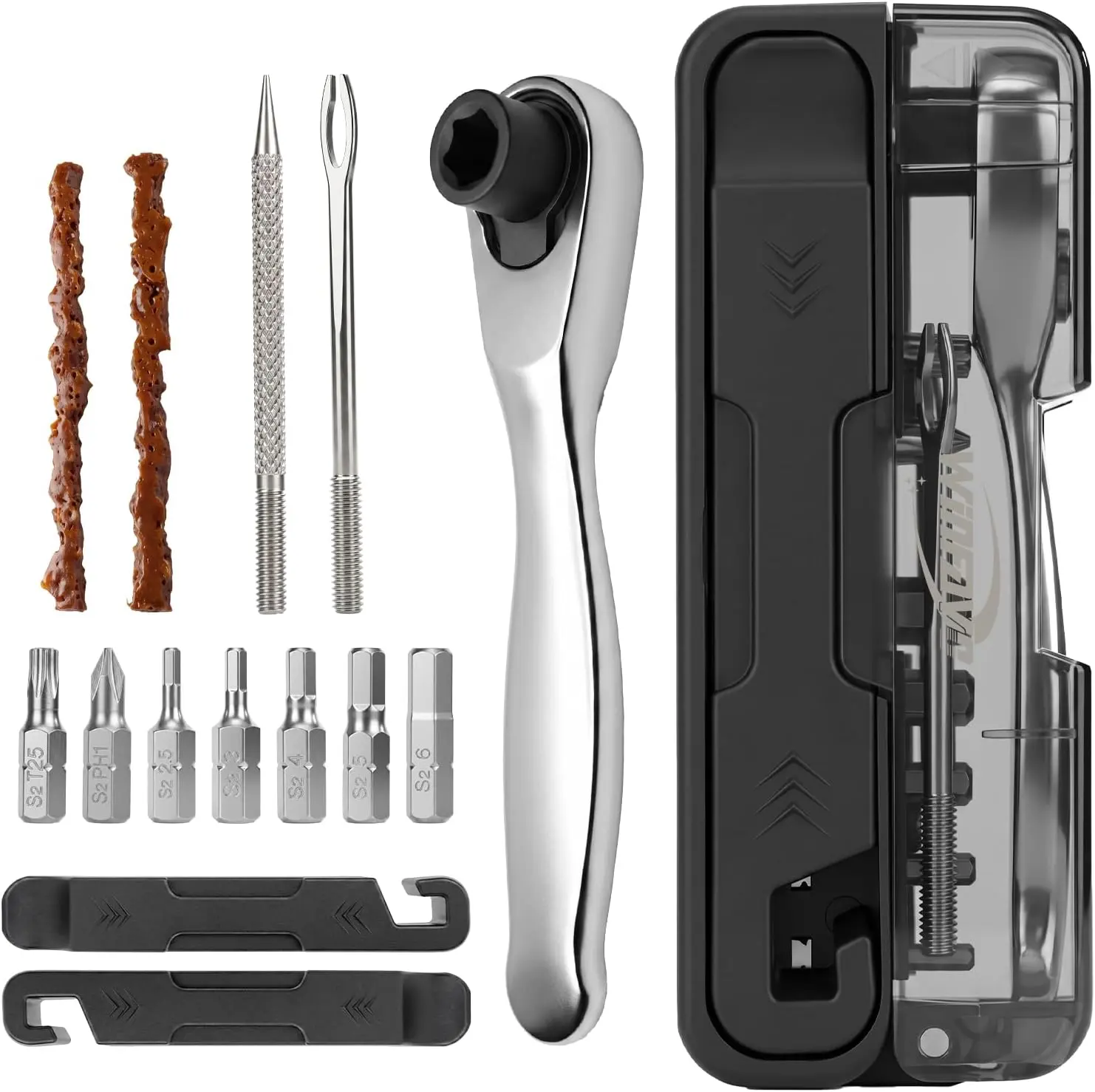 Compact Bike Repair Tool Kit, Bidirectional Mini Ratchet Wrench with 7 S2 Bits, Tire Levers & Tubeless Tire Plug Strips, Portable Flip-Case Multi Maintenance Tool for Road & Mountain Bikes