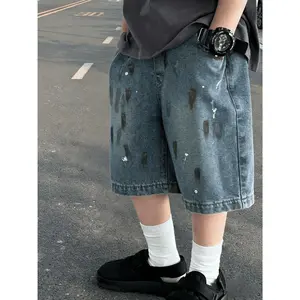 NewBoys' Blue Denim Shorts With Irregular Pattern Decoration |     Stylish And Trendy, Suitable For Various Outdoor Occasions, Elastic Waist, Summer Season