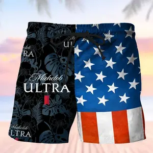 Michelob Ultra July 4th Colorblock Mens Beach Shorts Patriotic Drinking Print Summer Swim Trunks Lightweight Vacation Shorts