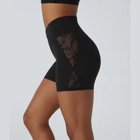Halara Softlyzero High Waisted Crossover Contrast Lace Back Pocket Yoga Biker Shorts 5''-UPF50+