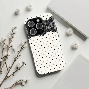 Vintage-Style Black Polka Dot & Lace Pattern Phone Case—Offering exceptional durability and drop protection. Compatible with iPhone 17, 16, 15, 14, 13, 12, 11, Pro, Max, and Air series. A glossy, drop-resistant, and sweat-proof phone case.