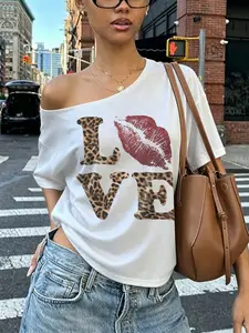 Ladies' off shoulder top - LOVE letter and leopard print lip print loose basic versatile T-shirt, creating Y2K Streetwear street style, suitable for daily casual and minimalist summer wear