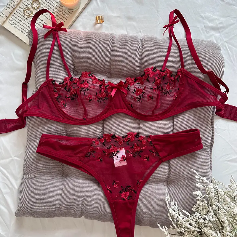 Women's 2-Piece Blush Pink Romantic Floral Embroidery Sheer Mesh Unique Lingerie Set - Underwire 3/4 Coverage Bra with Sweet Bow Straps, Thong Panty, New Year Special Occasion Wear Elegant Clothing