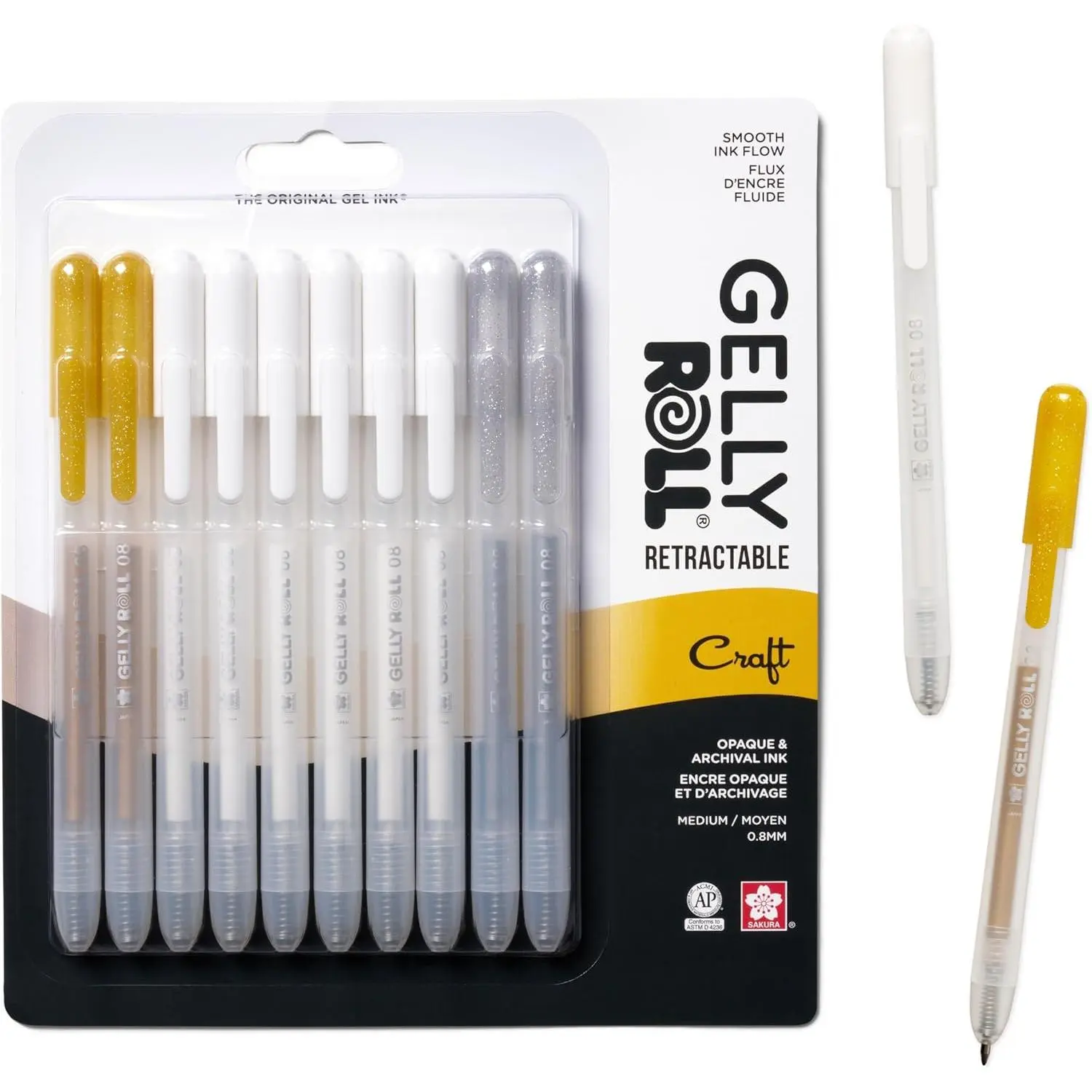 Gelly Roll Retractable Gel Pens Colored - Opaque Color Set - Medium Point Ink Pen for Journaling, Art, or Drawing - Colored Gel Pens with White,  &  Ink - 10 Pack