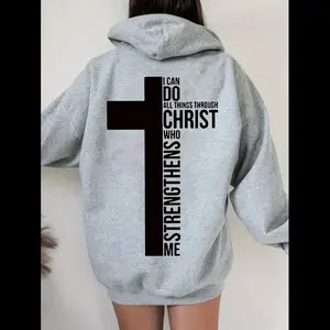 Women’s Inspirational Christian Letter Print Hoodie with Cross Design – Cozy Kangaroo Pocket Pullover Sweatshirt, Long-Sleeve Casual Winter Wear, Machine Washable Regular Fit, Comfortable Clothing, Drawstring Hood