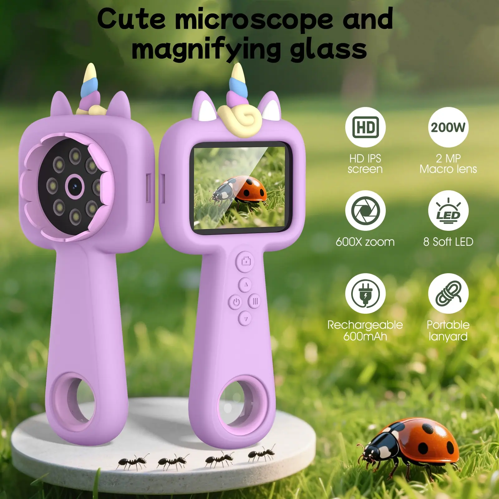 Children's Handheld Portable Science Education Microscope - 2-in-1 Magnifying Glass with 2.4-inch Screen, 200x Macro Lens, 25mm Optical Lens for Observing Animals/Plants/Insects, Ideal Birthday Gift (Toys & Hobbies - Classic & Novelty Toys), Bright And Vi