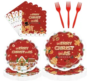 96 Pieces Christmas Gingerbread Tableware Set – Red Merry Christmas Disposable Plates, Napkins, and Forks with Gingerbread House and Cookie Designs for Holiday Dinners and Celebrations – Serves 24