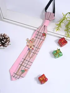 Women's Elegant Gingham Pattern Tie with Christmas Themed Decorations, Cute Trendy Tie, Bow Decor Tie, Fashionable Accessories for Daily Wear