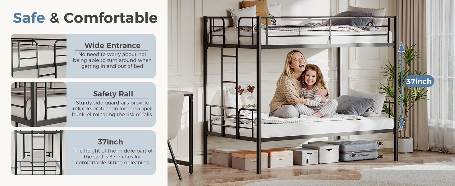 Twin Over Twin Metal Bunk Bed with Stairs & Safety Guardrails, Heavy-Duty Steel Frame, No Box Spring Needed, Space-Saving Bunk Beds