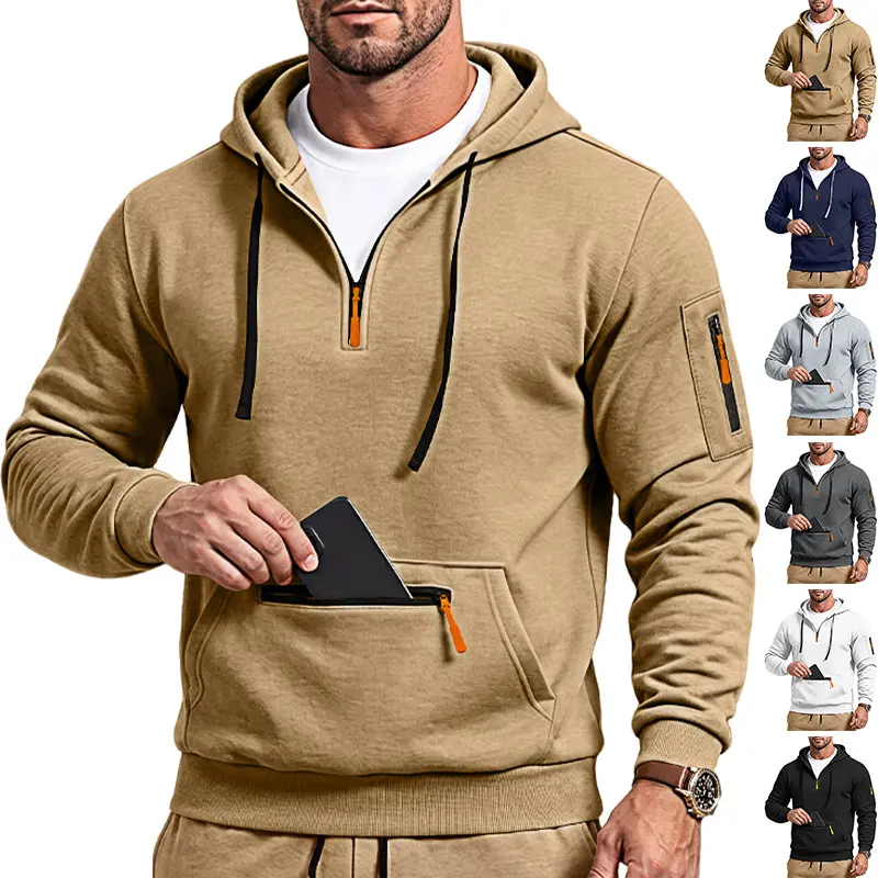 Menswear Men’s American-Style Slim Fit Outdoor Functional Half-Zip Hoodie Sweatshirt, Contrasting Color, Drawstring, Zippered Pockets, Cargo Long Sleeves, Side Zipper Armholes, Comfortable Breathable Solid Color Casual Top for Spring/Fall