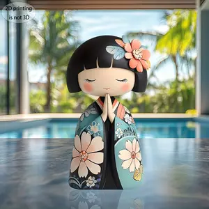Handcrafted Japanese-Inspired Wooden Kokeshi Doll Figurine with Vibrant Floral Kimono Design - 2D Flat Printing, 8x4.3 Inches, Cute & Elegant Decorative Piece for Home or Office, Perfect Gift for Collectors and Japanese Culture Enthusiasts