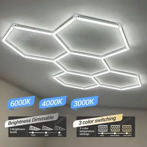 Adjustable Hexagonal LED Hive Light, 3 Color Tunable 3000k-6000k, Ideal for Garage, Barber Shop, Gym, Ceiling Mount, Bulb Included