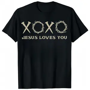 Boys' Goth Christian Graphic T-Shirt, Jesus Loves You Digital Print, Casual 100% Cotton Short-Sleeve Round Neck Top