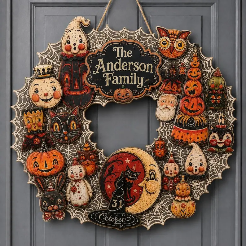 Vintage Halloween Wooden Wreath, Personalized Family Name Sign, Retro Pumpkin Black Cat Door Hanger, Spooky Halloween Porch Decoration