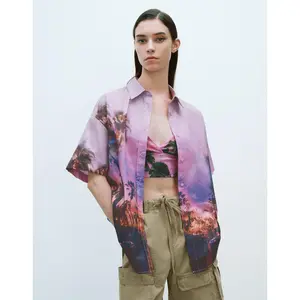 URBAN REVIVO Women's Purple Printed Thin Cotton Fabric Button-Up Blouse Top - 2026 Straight Cut, Oversized Fit, Comfortable Casual Wear