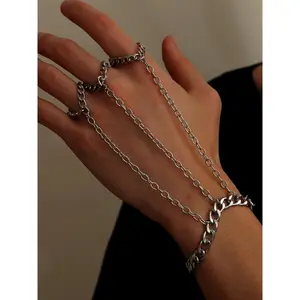 Men's Punk Style Stainless Steel Cuban Chain Mittens Bracelet, Cuban Link Bracelet, Modern Accessories, Hip Hop Hand Matching Jewelry for Party, Daily Clothing Decor for Boy, Streetwear Goth Accessory Y2K