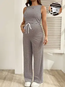 Maternity Camisole & Pants Set - 2-Piece Striped Casual Loungewear