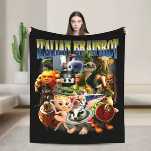 Italian Brainrot Meme Funny Flannel Throw Blanket, Soft Warm Cozy Blanket for Autumn Winter, Multifunction Bedding Throw for Bed Office Dorm Sofa, Home Decor Bedspread Gift