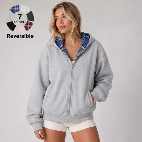 Women’s double-sided zip-up hoodie sweatshirt, soft fabric, relaxed fit, reversible design for both sides with a classic plaid lining, casual hooded outerwear suitable for workouts, everyday outings, and streetwear looks.