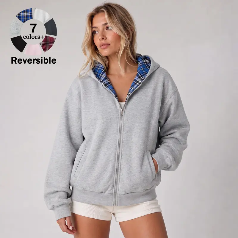 Women’s double-sided zip-up hoodie sweatshirt, soft fabric, relaxed fit, reversible design for both sides with a classic plaid lining, casual hooded outerwear suitable for workouts, everyday outings, and streetwear looks.