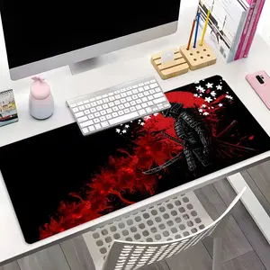 Samurai with Sakura and Red Splatter Extended Large Gaming Mouse Pad, Trendy Japanese Warrior XXL Extended Desk Mat, Non-Slip Base Desk Pad for Work & Play, Perfect Gift for Samurai Fans