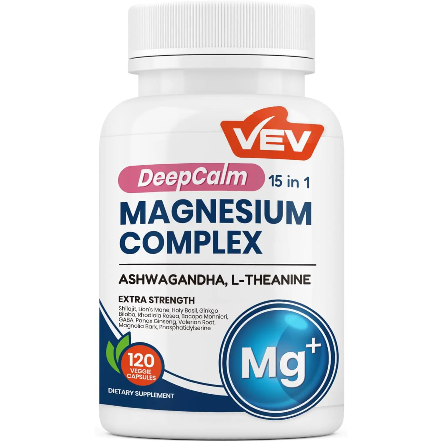 VEV DeepCalm 15-in-1 Magnesium Complex for Women & Men, 120 Caps | 15-in-1 Magnesium Supplement, Sleep, Glycinate & Citrate Vegan Capsules with Ashwagandha & L-Theanine