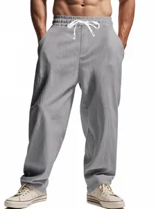 Men's Wrinkle Linen Texture Long Pants, Back Button Pockets, Elastic Waist Design, Casual Comfortable Trousers for Daily Wear