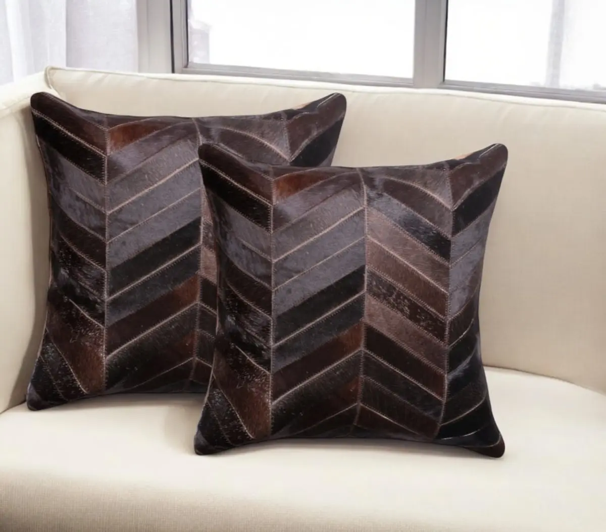 360 Stand 18 in. Chocolate Chevron Cowhide Throw Pillows - Set of 2, Living Room Cushions for House Decor