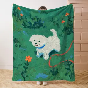 1PC White PuppyPrint Flannel Blanket Beautiful and Comfortable Warm Nap Blanket for Sofa, Bed, Office, Car, Camping Travel Blanket, Home Decoration - Four Seasons Gift