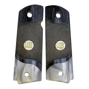1911 Full Size Checkered Black Rosewood Grips w/Acrylic Pearl Accent and Gold Medallion with Raised U.S. Letters