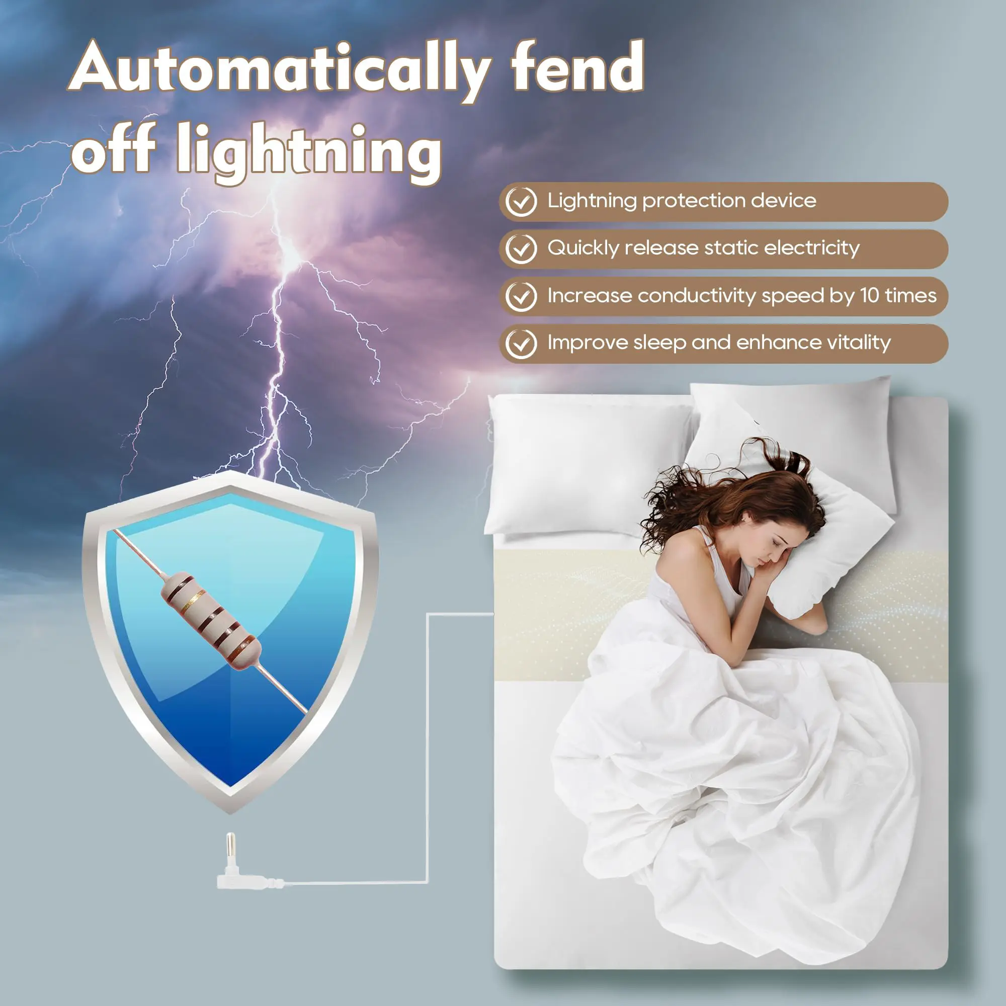 Earthing Fitted Sheet, Grounding Bed Fitted Sheet with Grounding Cord, Conductive Earth Grounding Mattress Cover, Release Static Electricity Improve Sleep, Earthing Grounding Sheet for Bedroom