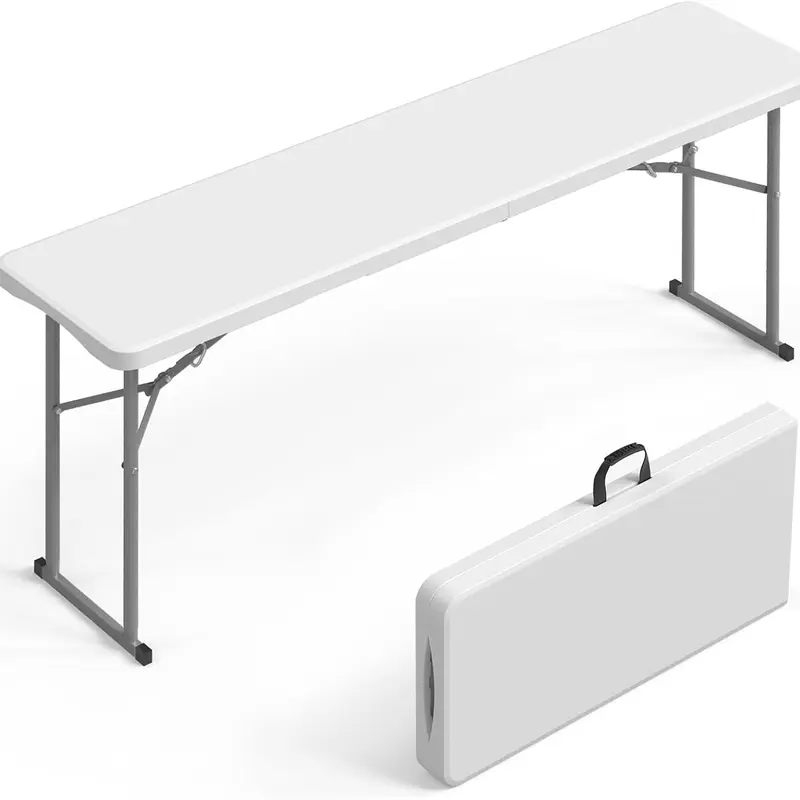 VINGLI 6 FT Rectangular Narrow HDPE Top Outdoor Patio Furniture Picnic Dining Table - Sturdy Metal Frame, Half-Foldable, Lightweight, 350lbs Capacity, Fully Assembled, 70.5x17.7x29 Inch, 3.2" Slim Storage