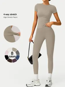 Women's Two-Piece Sports Set, Breathable Quick-Dry Short Sleeve Long Pants, High Waist Butt Lifting, Yoga Gym Outdoor Running Cycling