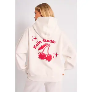 Kaiia Studio Cherry Graphic Oversized Hoodie Cream & Red