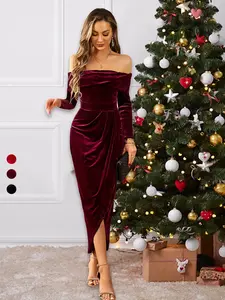 Women's Off The Shoulder Ruched Split Thigh Velvet Dress, Formal Bodycon Dress, Elegant Wrap Long Sleeve Dress for Party Club Dating Formal Wear, Women's Clothing for Fall & Winter