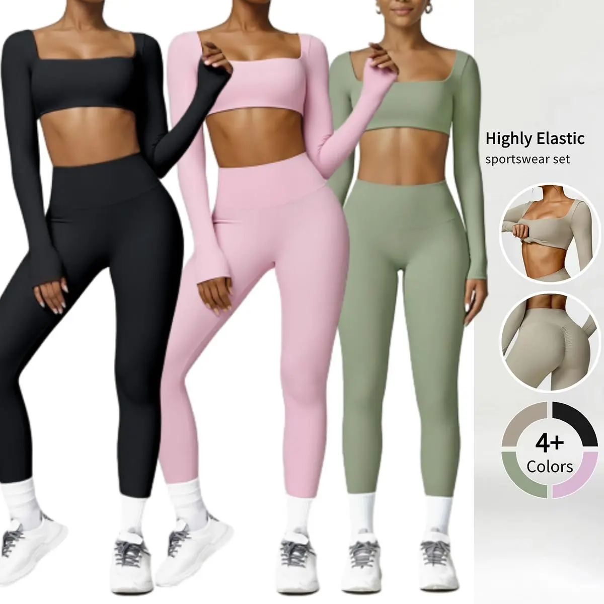 Women's 2-Piece Exercise Activewear Set - Long Sleeve Sports Crop Top & High Waist High Stretch Sporty Leggings, Comfortable Fit, Durable Construction, Workout Gym Clothing for Yoga Training