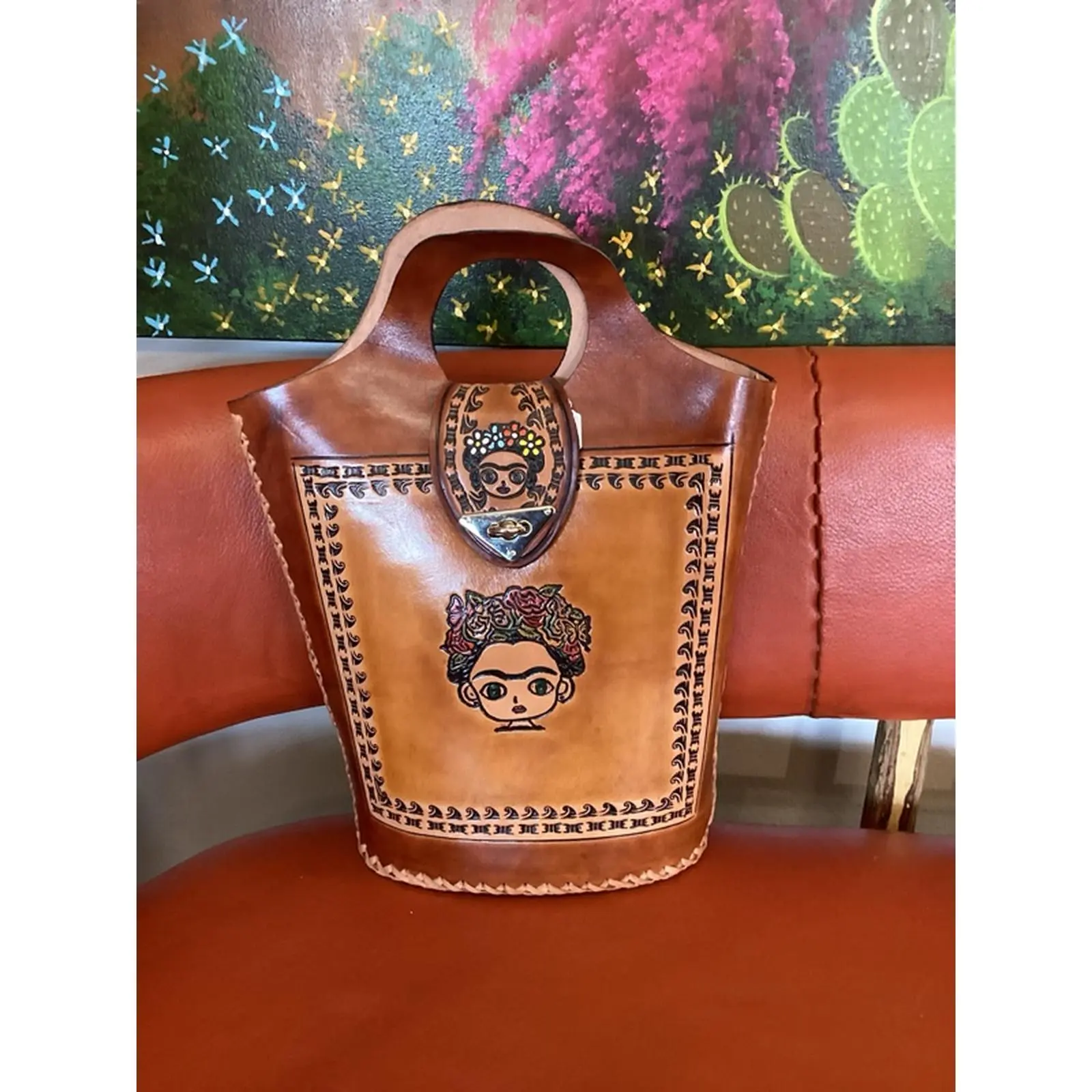 Frida Kahlo Light Brown Handmade Bag from Guerrero Mexico Featuring Artistic Design and Unique Craftsmanship